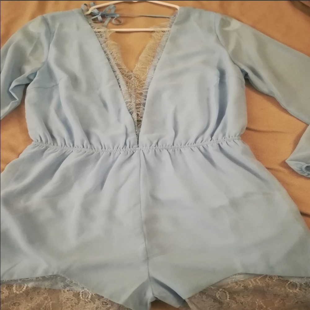 Baby Blue Romper with lace trimming